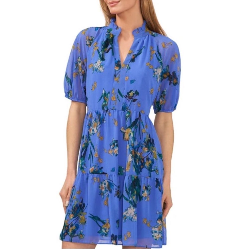 NWT CeCe Bohemian Lined Babydoll Blue/Floral Dress Sheer sleeves size XXS
